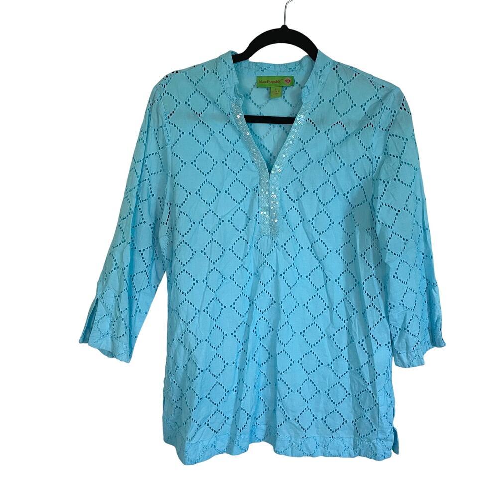 Island Republic Blue Eyelet Cotton Blouse Tunic Beaded Sequin Detail Size Large